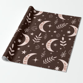 Papel De Regalo Boho Moon con hojas y estrellas Brown