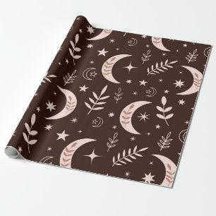 Papel De Regalo Boho Moon con hojas y estrellas Brown