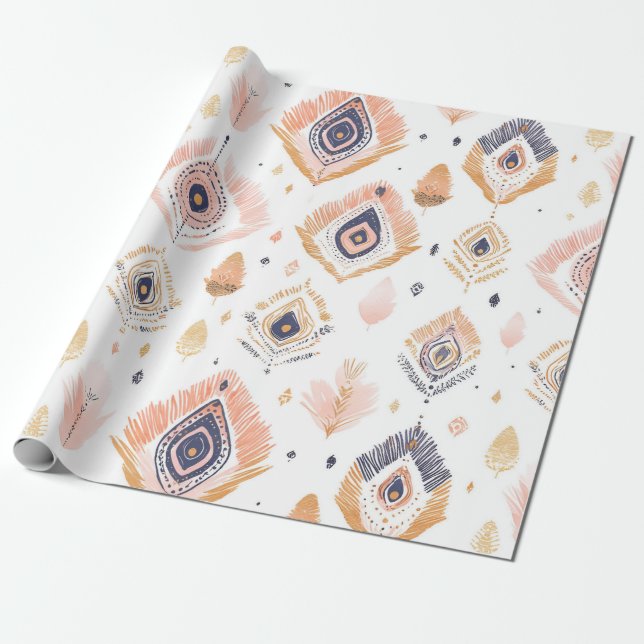 Papel De Regalo Boho Neutral Feather (Desenrollado)