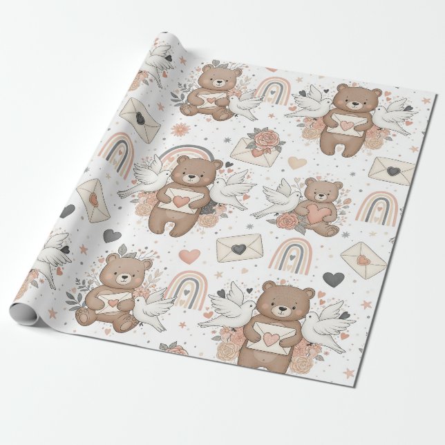 Papel De Regalo Boho Nursery Teddy Bears with Rainbows -Earthy (2) (Desenrollado)