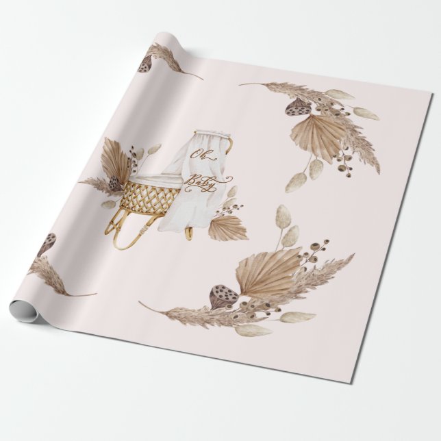 Papel De Regalo Boho Oh Baby Brown y Bassinet Rosa (Desenrollado)