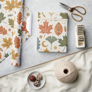 Papel De Regalo Boho Otoñal Caprichoso Hojas Acuarela