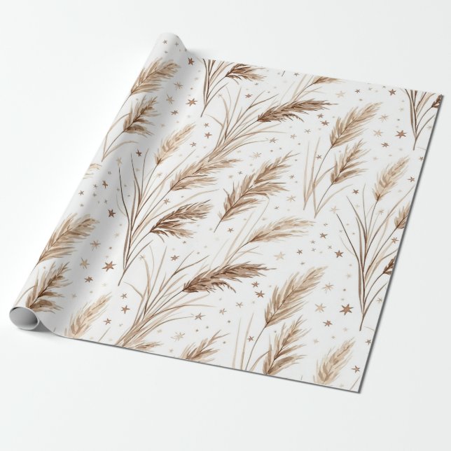 Papel De Regalo Boho Pampas Grass Beige Brown Star Pattern (1) (Desenrollado)
