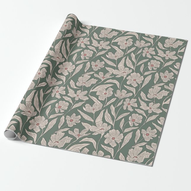 Papel De Regalo Boho Pink & Dark Green Hand Drawn Floral Pattern (Desenrollado)