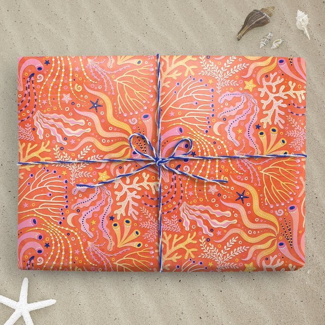 Papel De Regalo Boho Playero Hierba de Mar Naranja (Beachy Boho Seagrass Orange wrapping paper gift mockup)