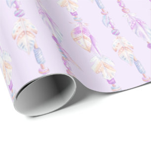 Papel De Regalo Boho plumas cuentas envoltura de arte color morado
