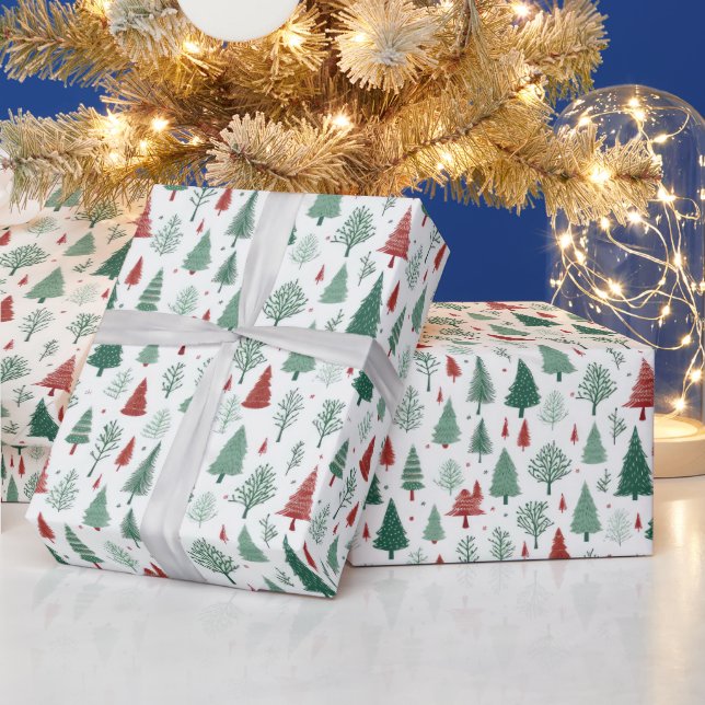 Papel De Regalo Boho Red Green Christmas Trees Holiday (Vacaciones)