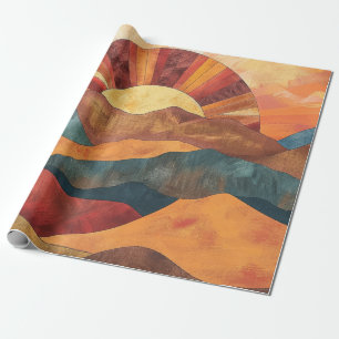 Papel De Regalo Boho Sunset Over Mountains - Paisaje Retro Earthy