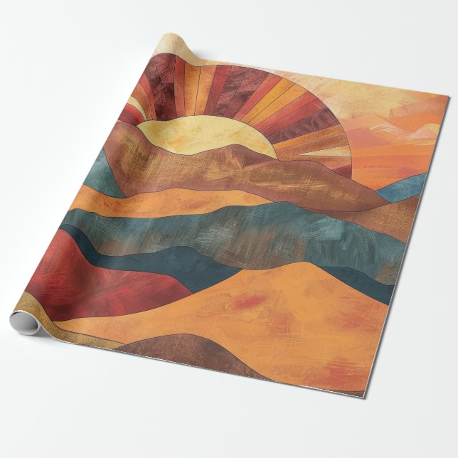 Papel De Regalo Boho Sunset Over Mountains - Paisaje Retro Earthy (Desenrollado)