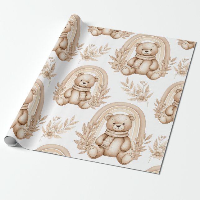 Papel De Regalo Boho Teddy Bear Rainbow Neutral Floral (Desenrollado)