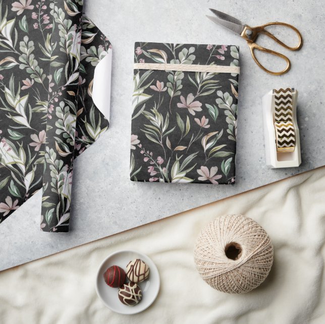 Papel De Regalo Boho Wildflowers Dusty rosado Sage Green Black (Artesanía)