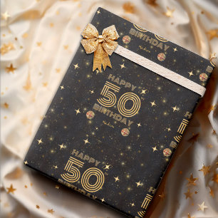 Papel De Regalo Bola de Disco Bailando Oro Negro Cumpleaños Feliz 