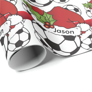 Papel De Regalo Bola de fútbol de los Navidades de Santa Hat   Nom