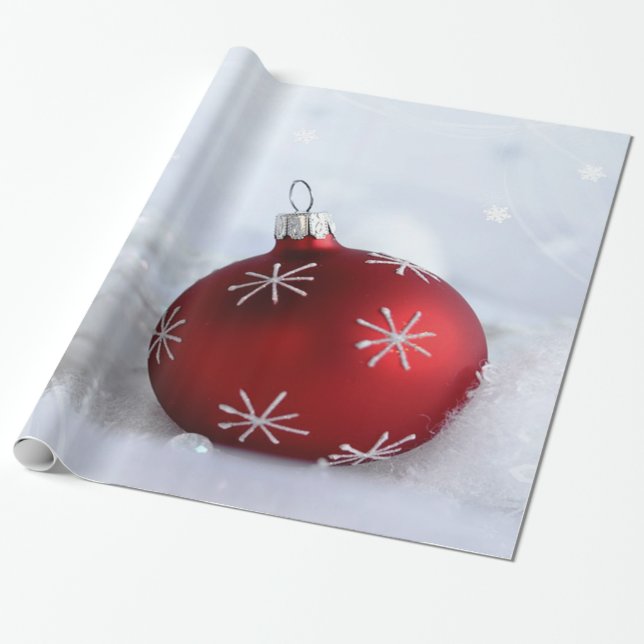 Papel De Regalo Bola de Navidad Roja con Copos de Nieve (Desenrollado)
