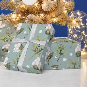 Papel De Regalo Bola de Nieve Blanca y Ramas de Cedro Verde Pastel