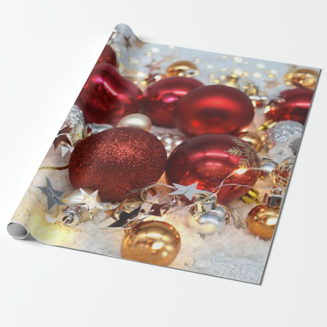 Papel De Regalo Bolas de decoración rojas y plateadas para navidad (Desenrollado)