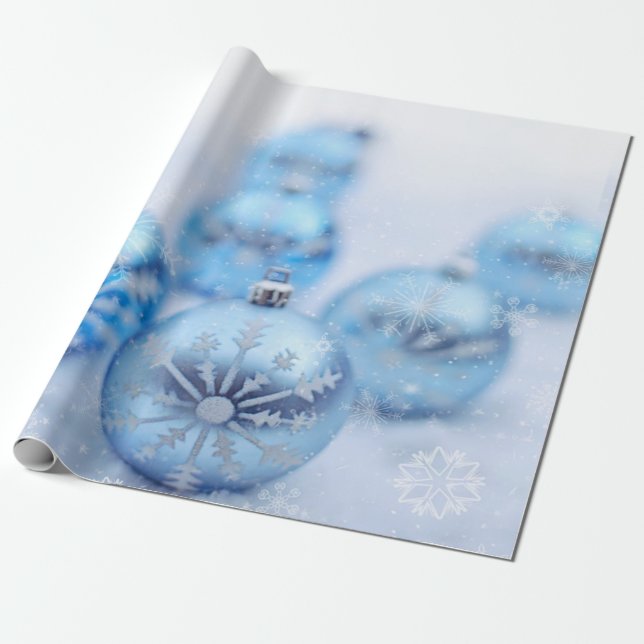 Papel De Regalo Bolas de Navidad Azules Copos de Nieve Fiesta (Desenrollado)