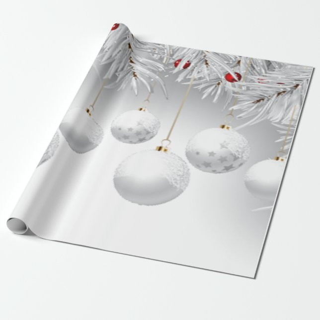 Papel De Regalo Bolas de Navidad blancas elegantes Fiesta  (Desenrollado)