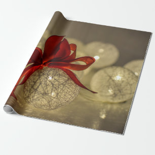 Papel De Regalo Bolas de Navidad de Oro,Luces de Cadena,Lazo Rojo
