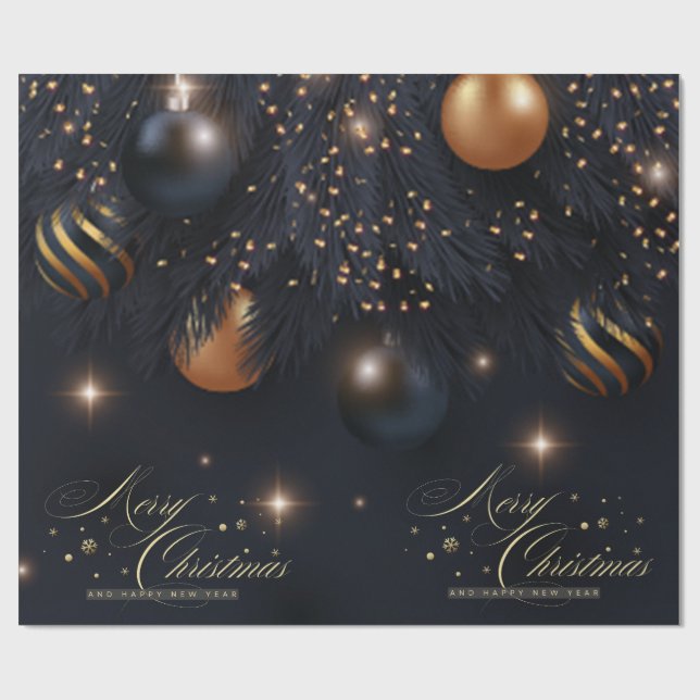 Papel De Regalo Bolas de Navidad Ramas de Pino Negras (Superficie plana)