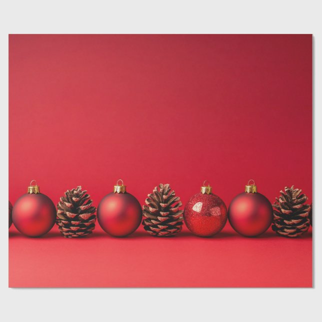 Papel De Regalo Bolas de Navidad Rojas y Piñas  (Superficie plana)