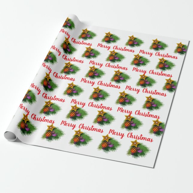 Papel De Regalo Bolas De Navidad Y Estrella De Oro (Desenrollado)