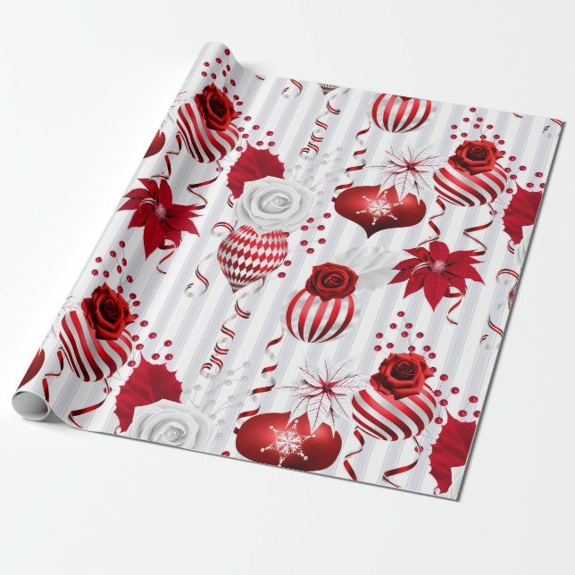 Papel De Regalo Bolas de Navidades de moda y Poinsettia (Desenrollado)