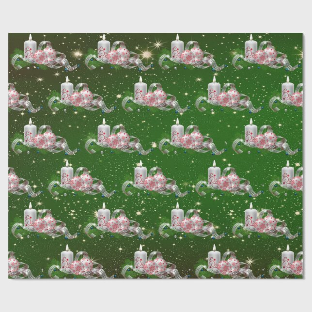 Papel De Regalo Bolas de navidades, vacaciones verdes con velas (Superficie plana)