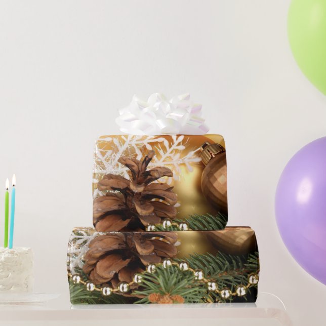 Papel De Regalo Bolas de oro elegantes, pinecones, copo de nieve (Regalos de fiesta)