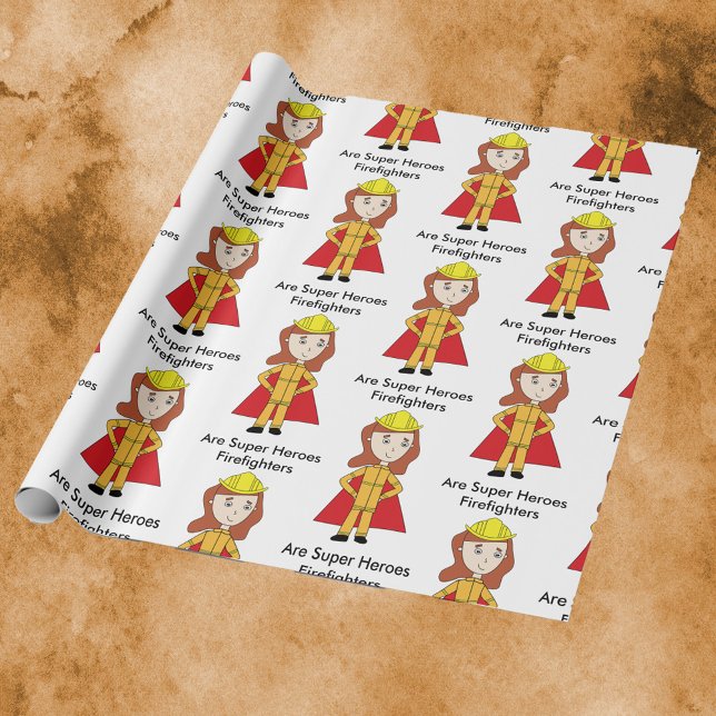 Papel De Regalo Bomberos Super Héroe Funny (Wrapping paper featuring a female firefighter and the text, "Firefighters Are Super Heroes".)