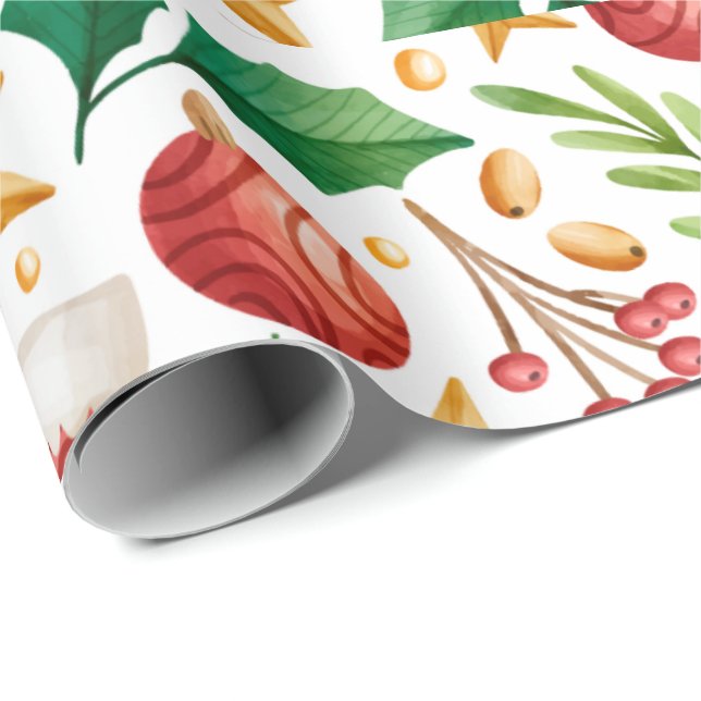 Papel De Regalo Bombillas rojas, piezas de poinsettia y nueces nav (Esquina del rollo)