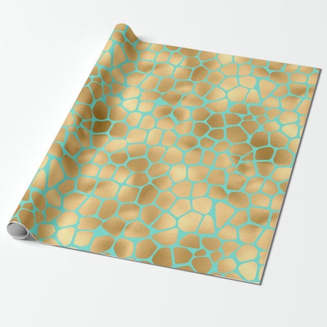 Papel De Regalo Bonita jirafa dorada impresa en fondo azul (Desenrollado)