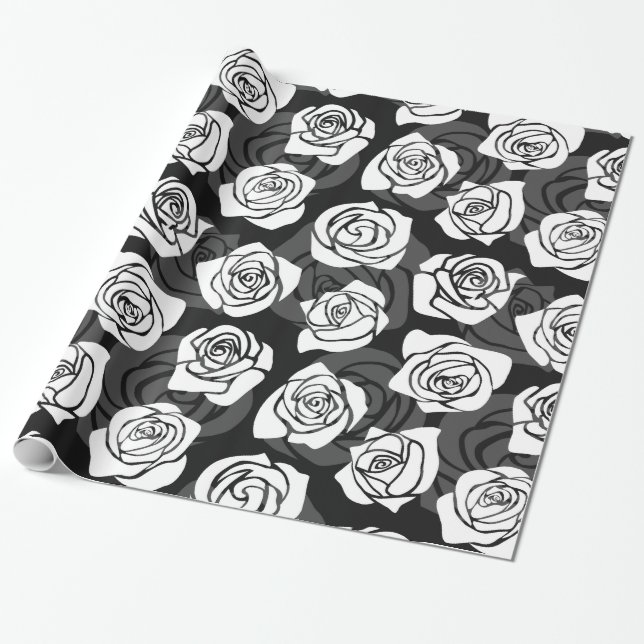 Papel De Regalo Bonitas rosas blancas y negras de época (Desenrollado)