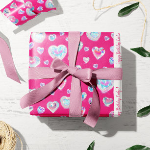 Papel De Regalo Bonito 3D Sparkly Crystal Gemstone Hearts on Pink