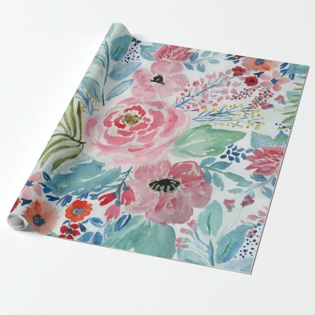 Papel De Regalo Bonito acuarela mano pintura de dibujos florales (Desenrollado)