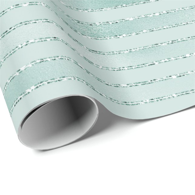Papel De Regalo Bonito Aqua Mint Glitzy Purpurinas Stripes (Esquina del rollo)