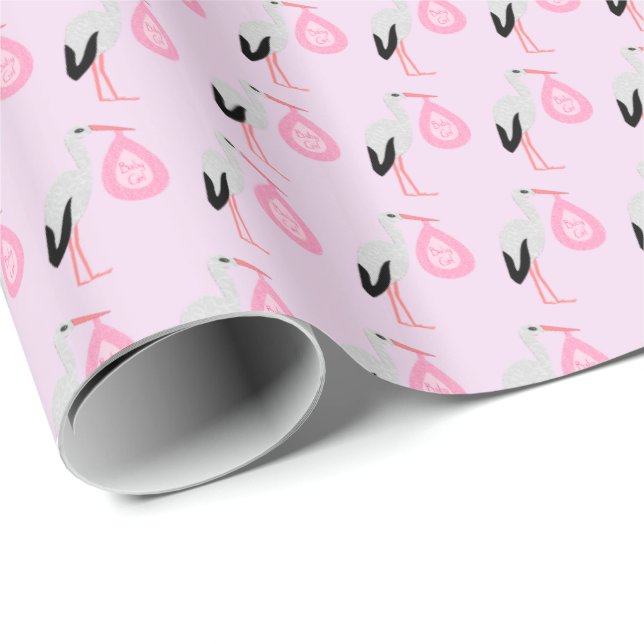 Papel De Regalo Bonito Bebé Rosa Stork (Esquina del rollo)