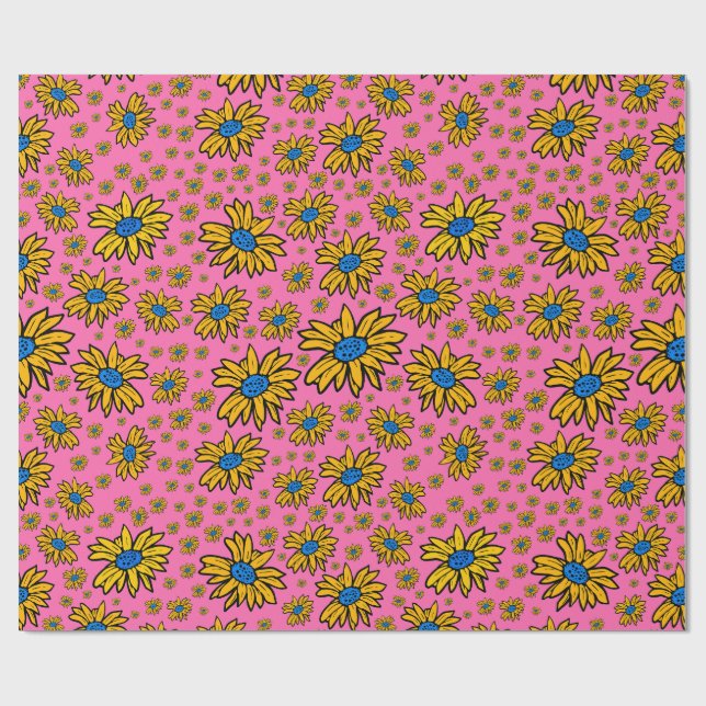 Papel De Regalo Bonito Daisies amarillo rosa azul (Superficie plana)