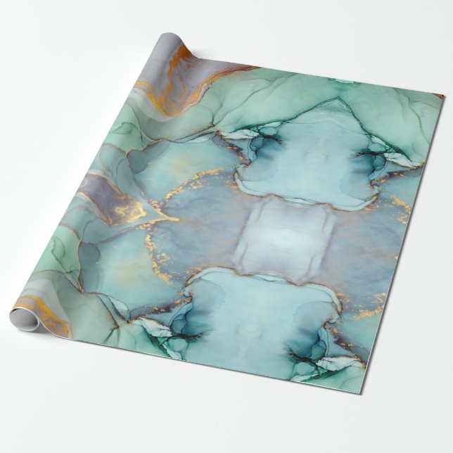 Papel De Regalo Bonito de Marble de Oro Azul Verde (Desenrollado)