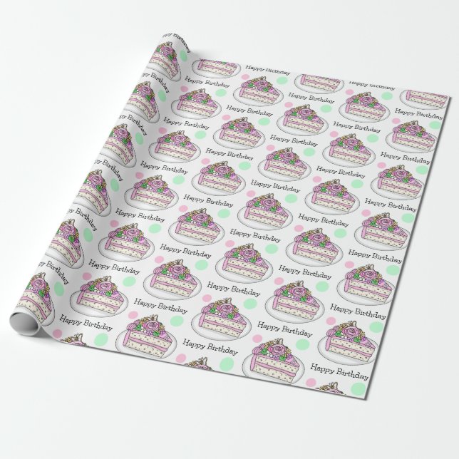 Papel De Regalo Bonito Feliz Cumpleaños | Flores de pastel de cump (Desenrollado)