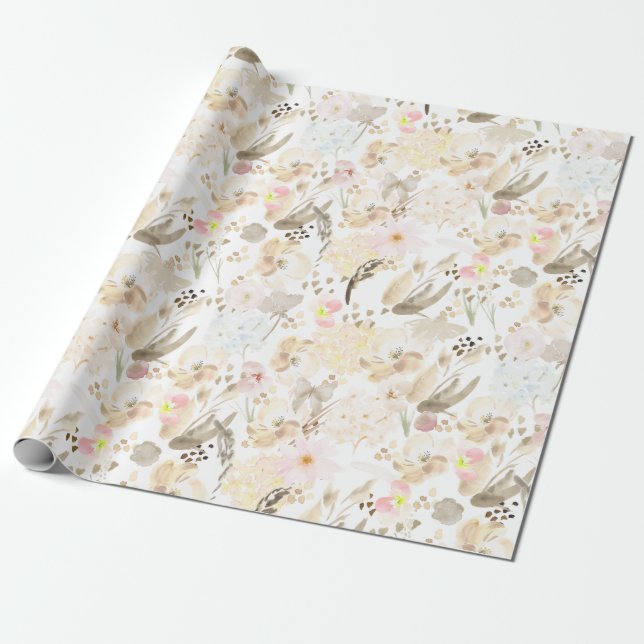 Papel De Regalo Bonito Floral rosa crema neutra (Desenrollado)