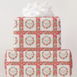 Papel De Regalo Bonito Floral Rosa Feliz Cumpleaños Añadir nombre