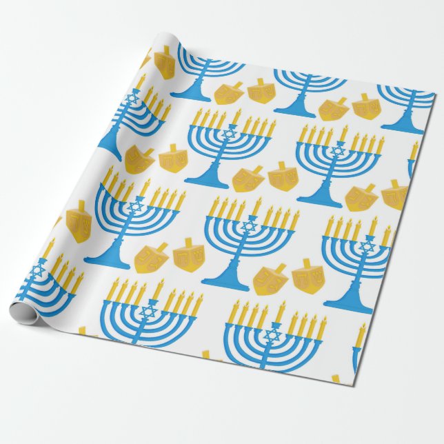 Papel De Regalo Bonito Hanukkah azul y oro (Desenrollado)
