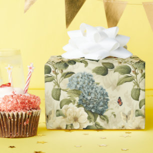 Papel De Regalo Bonito Hidrangea Azul vintage y floral de mariposa