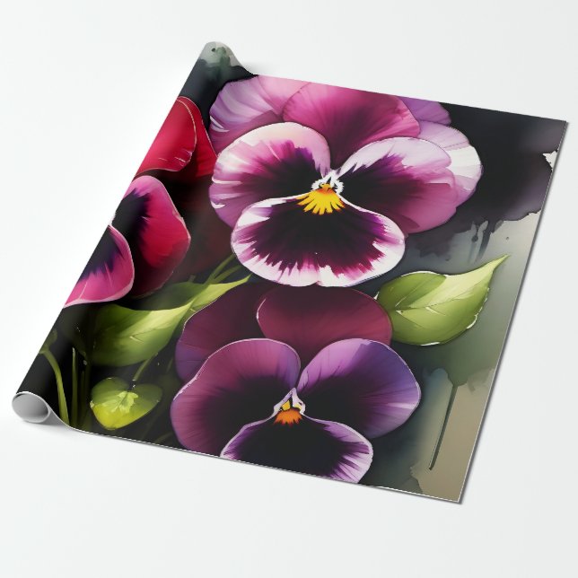 Papel De Regalo Bonito maroon daek pansies rojos pintura acuarela (Desenrollado)