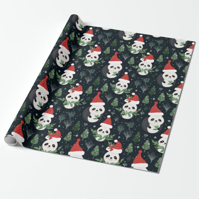 Papel De Regalo Bonito Panda Santa Winter (Desenrollado)
