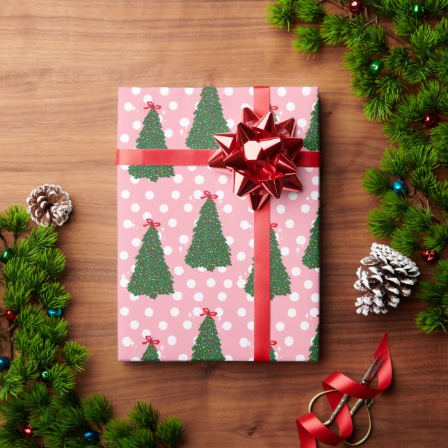 Papel De Regalo Bonito Patrón de árbol de Navidad Dottie Pink (Regalo de vacaciones)