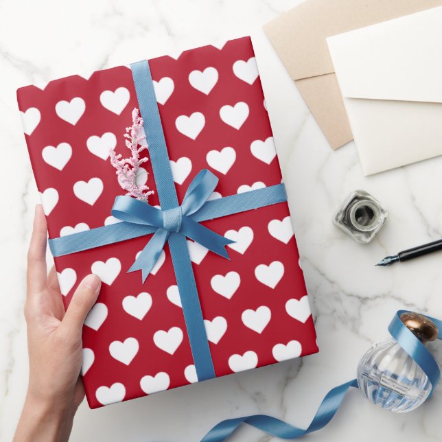 Papel De Regalo Bonito Patrón de corazones blancos clásico rojo (Regalar)