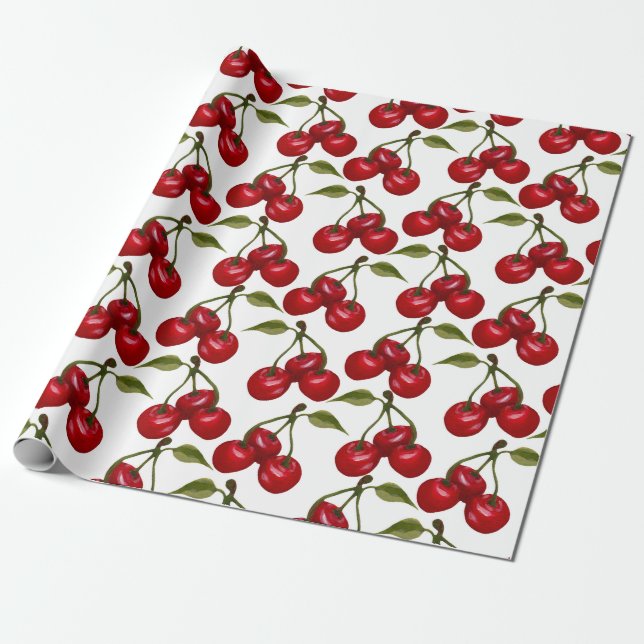 Papel De Regalo Bonito Red Cherry Watercolor (Desenrollado)