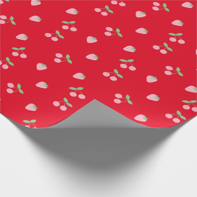 Papel De Regalo Bonito Rosa Cerezo Fresa Fruta Patrón Rojo (Esquina)